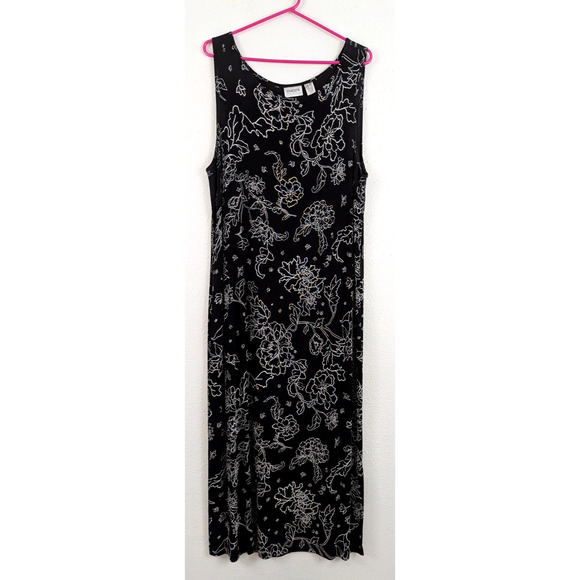 Chico's Travelers sz 3 Long Maxi Dress black white floral slinky sleeveless 0370 - Picture 1 of 5
